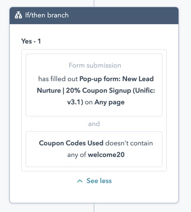 Workflow "If/then" for HS Popup signups who haven't used the coupon