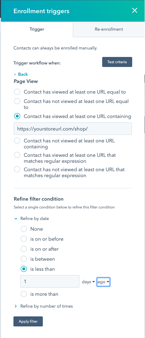 Enrollment triggers for your browse abandonment campaign in HubSpot