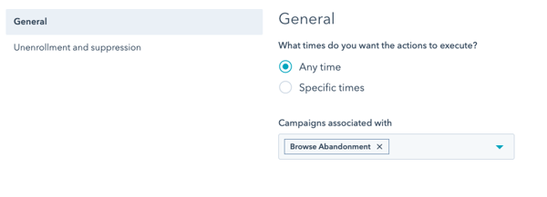 Set your browse abandonment campaign preferences for timing and campaign association in HubSpot