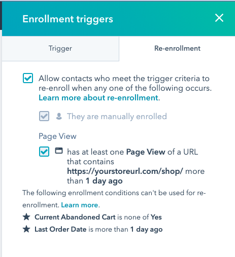Define if your browse abandonment campaign will re-enroll Magento 2 HubSpot contacts