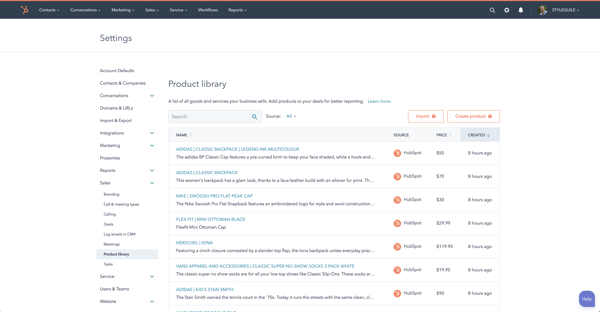 HubSpot Ecommerce Product Library