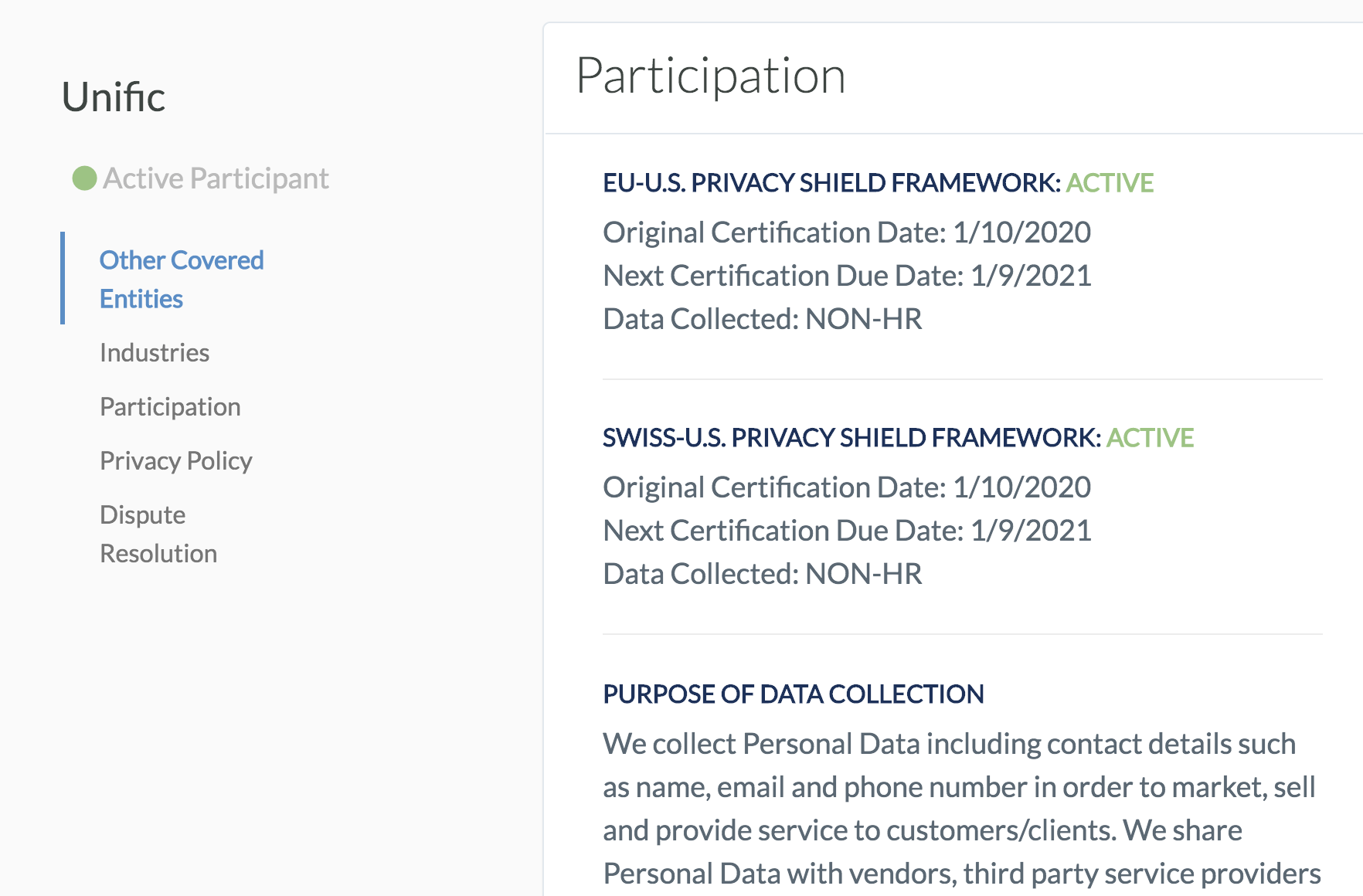 Unific Privacy Shield Certification